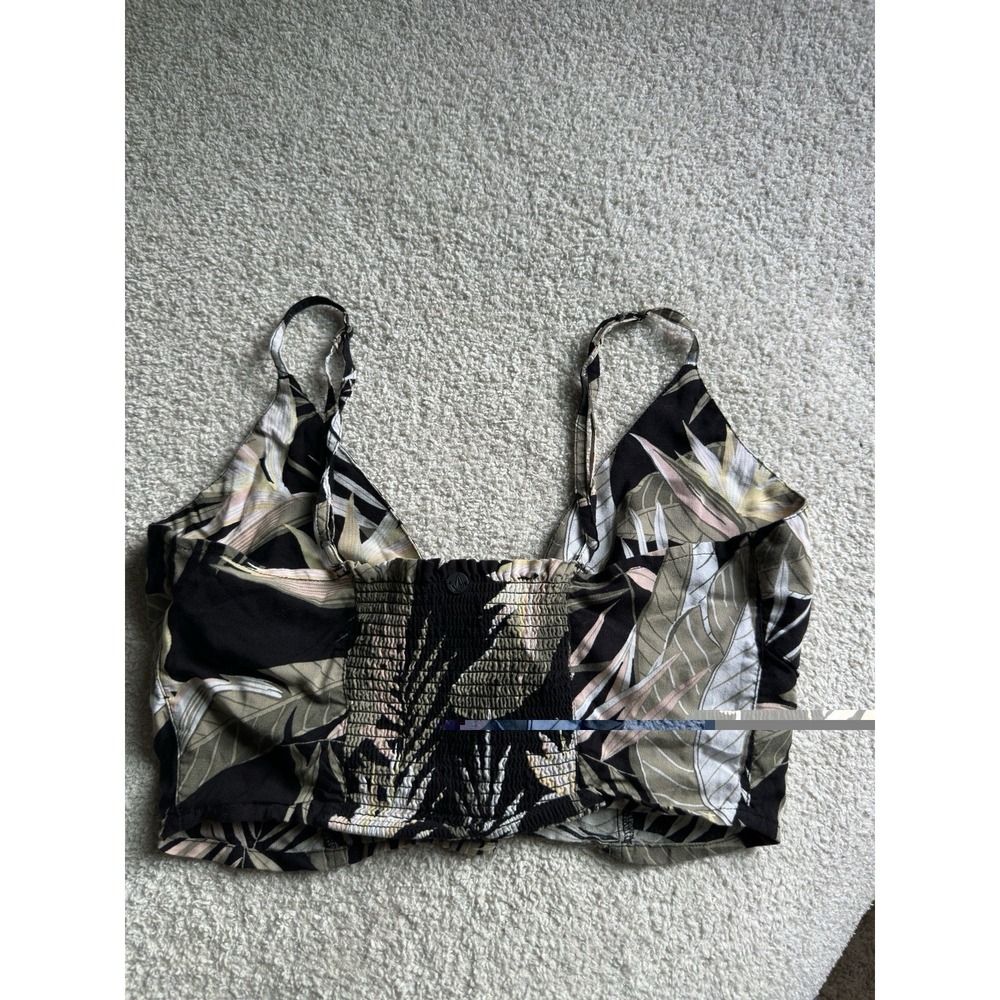 Volcom Floral Halter Crop Top Women's Size 10 Black Pink Cream Boho Y2K Casual - Picture 4 of 5